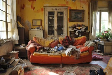 Messy Living room rubbish food. Generate Ai royalty free stock photo Messy Studio Apartment, Messy Living Room Aesthetic, Messy Home Aesthetic, Trashed Room, Poor Room, Messy Living Room, Messy Home, Visualization Board, Gamma Rays