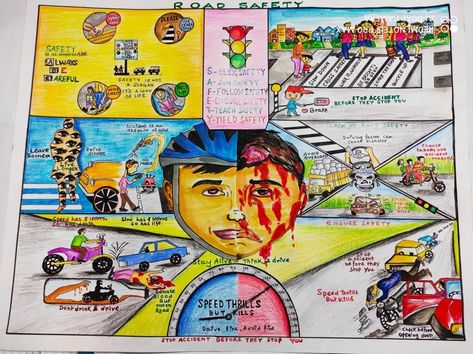 Road Safety Sketch, Road Safety Poster Drawing Competition, Traffic Safety Posters Drawing, Road Safety Poster Drawing, Road Safety Poster Ideas For Competition, Road Safety Poster Ideas, Road Safety Poster Creative Drawing, Road Safety Drawing Ideas, Road Safety Drawing