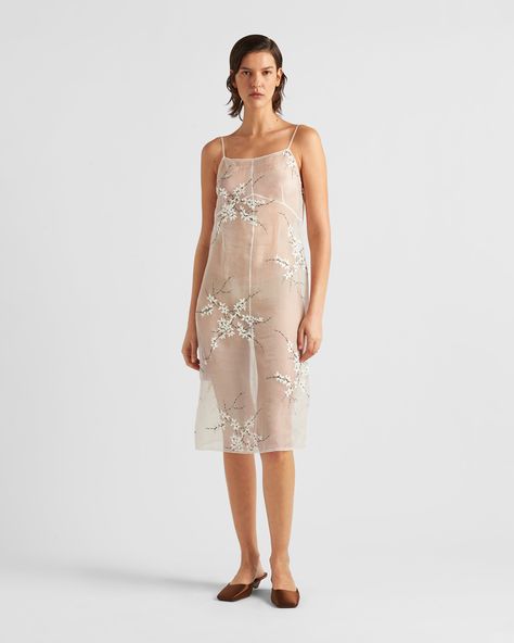 White Embroidered Organza Dress | PRADA Embroidered Organza Dress, Prada Aesthetic, Prada Dresses, Embroidered Organza, Organza Dress, Denim T Shirt, Straight Neckline, Summer Fits, Lacing Sneakers