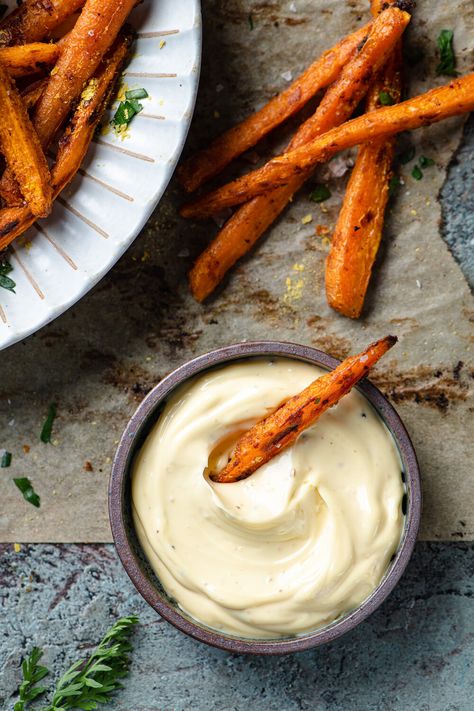 Carrot Fries with Truffle Mayo — Mushrooms & Thyme Portobello Mushroom Fries, Rosemary Truffle Fries, Crispy Carrot Fries, Truffle Fries With Frozen Fries, French Fries Truffle, Truffle Fries Aesthetic, Truffle Mayo, Carrot Fries, Truffle Salt