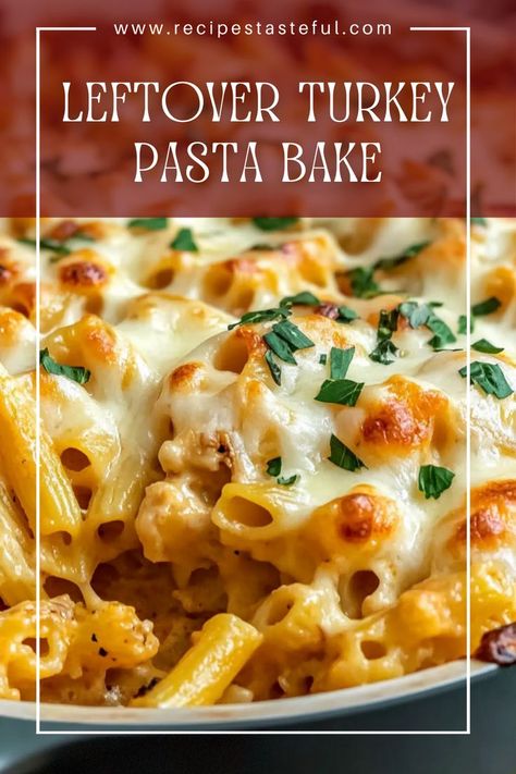 Transform your holiday leftovers into a comforting and creamy Leftover Turkey Pasta Bake. This dish combines tender pasta, savory turkey, and a blend of melted cheeses, making it a family favorite that's easy to prepare and delicious to eat! Turkey Alfredo Pasta Recipes, Leftover Turkey And Pasta Recipes, Pasta With Leftover Turkey, Leftover Turkey Pasta Recipes, Leftover Pasta Ideas, Recipes With Leftover Turkey, Turkey Pasta Recipes, Leftover Turkey Recipes Easy, Leftover Turkey Pasta