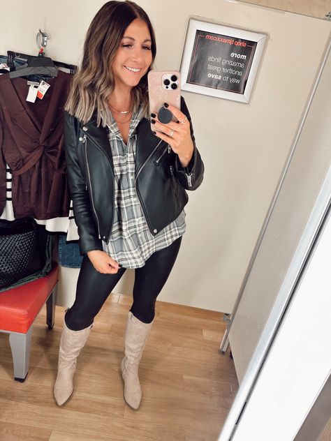 Spanx faux leather leggings with cowboy boots and Old Navy flannel Boot Leggings Outfit, Leggings With Cowboy Boots, Cowboy Boots And Leggings, Boots And Leggings, Leggings Outfit, What Should I Wear, Fall Winter Wardrobe, Boyfriend Shirt, Faux Leather Leggings