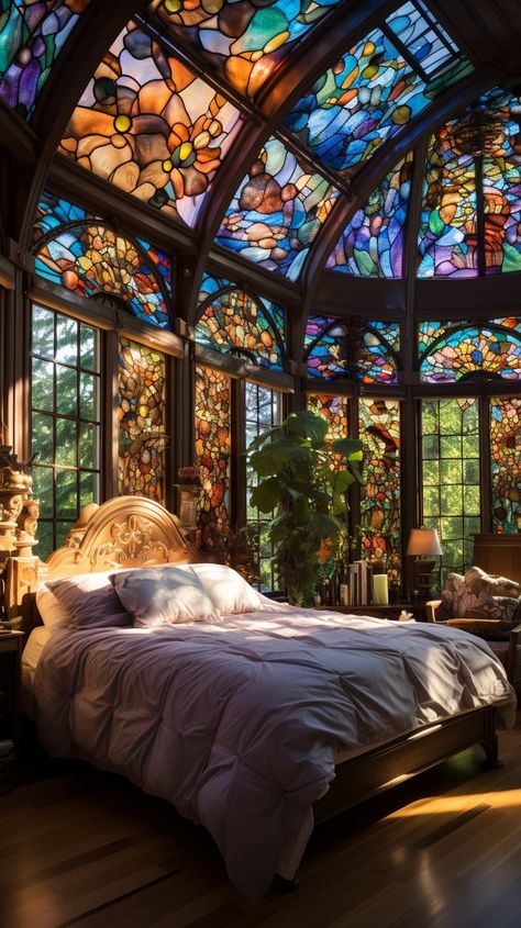 A Bedroom With Beautiful Stained Glass Skylight and Windows Whimsical Home Design, Comfy Homes, Stained Glass Skylight, Architectural Artwork, Glass Skylight, Fantasy Rooms, Glass Building, Glass Room, Sanctuary Bedroom