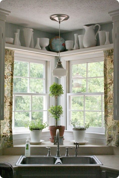 Kohler Kitchen Faucet, Corner Window Treatments, Corner Kitchen Sink, Window Over Sink, Kitchen Sink Window, Kitchen Window Design, Blue Kitchen Island, Farmhouse Sink Faucet, Corner Kitchen