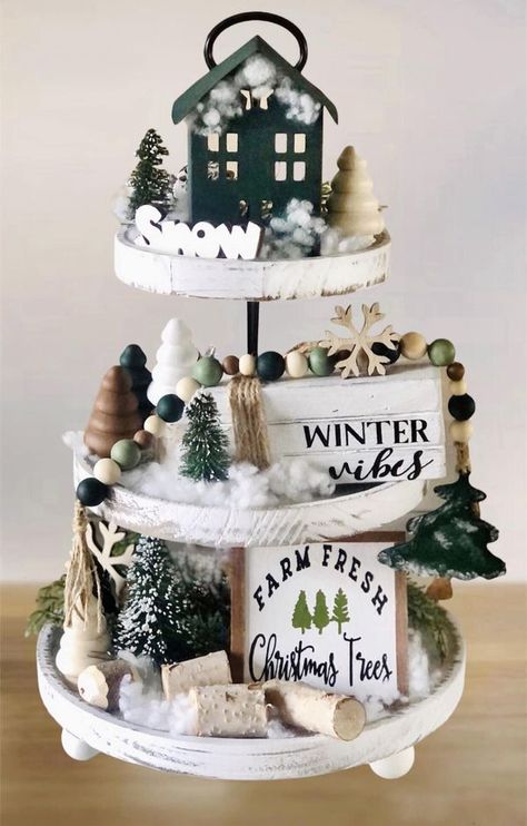 Tiered Tray Decorating & More | My Christmas tray decor ❄️🌲🪵 2023 | Facebook Christmas Themed Tiered Tray, Tiered Christmas Display, 3 Tiered Tray Decor Christmas, Winter Tiered Tray Decor Diy, Christmas Tier Tray Ideas, Two Tier Tray Decor Christmas, Tiered Tray Christmas Decor, 2 Tier Stand Decor, January Tiered Tray Decor