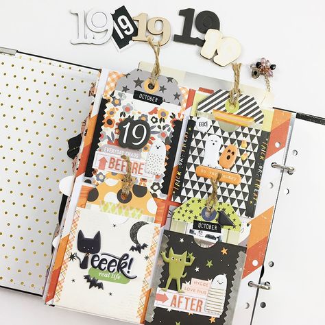 October Daily Ideas, October Daily Scrapbook, Scrapbooking Hacks, Fall Embellishments, October Planner, Halloween Mini Albums, October Daily, Halloween Layout, Paige Evans