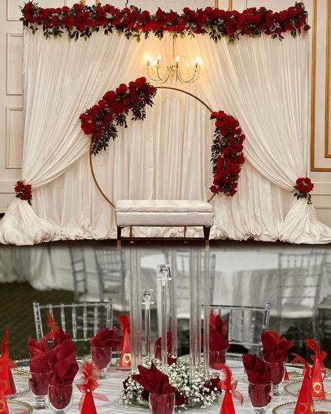 Loved creating this bespoke stage for our client's henna night ✨⚡️ Dm for more details... #wedding #weddingdecor #weddingdecorations #indianweddings #brampton #bramptondecor #gtadecor #gtadecorator #mississauga #mississaugadecorations #engagement #engagementdecoration #engagementdecor#birthday $ #balloons #mehndi #henna Red Stage Decoration, Henna Night Decoration Ideas, Henna Night Decoration, Wedding Photo Zone, Henna Decor, Nikah Decor, Reception Stage Decor, Mums Wedding, Wedding Entrance Decor