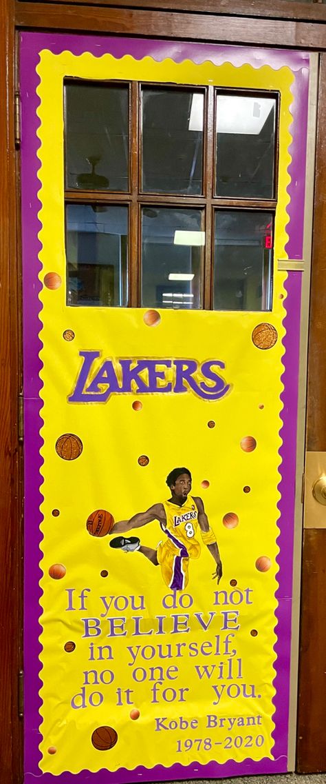 Kobe Bryant Door Decoration, Basketball Bulletin Board Ideas, Basketball Door Decorations For School, Basketball Classroom Door, Basketball Theme Door Decorations, Basketball Room Transformation Classroom, Locker Room Decorations Basketball, Basketball Bulletin Boards, Basketball Classroom