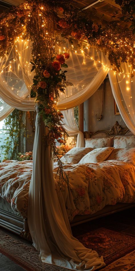 Bedroom Garden Ideas, Room Ideas Aesthetic Vintage Boho, Bridgerton Aesthetic Bedroom, Fairy Core Bed Frame, Mystical Bedroom Ideas, Cottage Core Canopy Bed, Fairytale Bedroom Ideas For Adults, Fantasy Bedroom Aesthetic, Cottagecore Bedroom Aesthetic