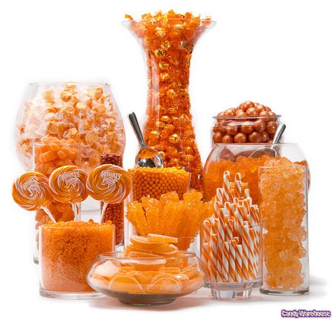 Orange Candy Buffet    Shades of orange mingle together in this fun candy buffet design featuring an array of delicious sweets! Orange Candy Buffet, Colorful Candy Buffet, Candy Warehouse, Green Candy Buffet, Yellow Candy Buffet, Candy Buffet Ideas, Candy Centerpieces, Candy Tables, Penny Candy