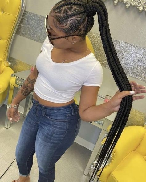 Hair With Weave Braids, Feed In Ponytail With Color, Baddie Feed In Braids, Braids Braided Into A Ponytail, Feed In High Ponytail Braids, Feed Ins Into A Ponytail, Conrow Ponytails Braids, Medium Feed In Braids Ponytail, Feed In Braids Hairstyles Ponytail