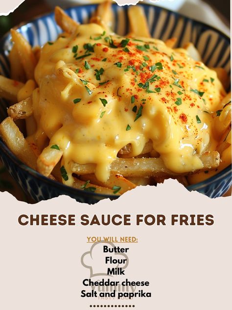 🧀 Cheese Sauce for Fries: Creamy, cheesy, and irresistibly dip-worthy! #CheeseLovers Cheese Sauce for Fries Ingredients: Butter (2 tbsp) Flour (2 tbsp) Milk (1 cup) Cheddar cheese, grated (1 cup) Salt and paprika (to taste) Instructions: Melt butter; whisk in flour. Gradually add milk; cook until thickened. Off heat, add cheese, salt, paprika; stir until smooth. Serve warm with fries. 🍴 Elevate your snack time with our Cheese Sauce, perfect for drizzling over fries or as a decadent dip! #... Cheese Sauce Recipe For Fries, Cheese Sauce For Fries, Cheese Fries Sauce, September Dinners, Sauce For Fries, Fries Sauce, French Fries With Cheese, Chilli Cheese Fries, Cheddar Sauce