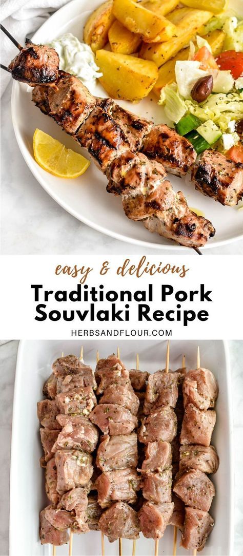 My family Traditional Pork Souvlaki recipe produces juicy, flavourful pork skewers that are not only delicious, but perfectly tender as well. Pork Greek Souvlaki, Pork Souvlaki With Tzatziki, Chicken Souvlaki Skewers, Souvlaki Pork Chops, Pork Souvlaki In Air Fryer, Souvlaki Marinade Pork, Healthy Pork Dishes, Pork Slovakia Marinade, Mediterranean Diet Pork Tenderloin