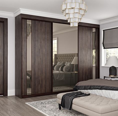 Transform your space with our minimalist sliding doors. Perfect for modern interiors, these doors blend seamlessly with any decor ✨ #MinimalistDesign #HomeInspiration #directdoors #bespokedoors #slidingdoors #interiordesign Dark Brown Wardrobe Bedroom Ideas, Dark Brown Wardrobe Bedroom, Dark Wood Wardrobe Bedroom, Brown Wardrobe Design, Brown Wardrobe Bedroom, Dark Wood Bed Frame, Dark Brown Bedrooms, Wardrobe Laminate Design, Brown Furniture Bedroom