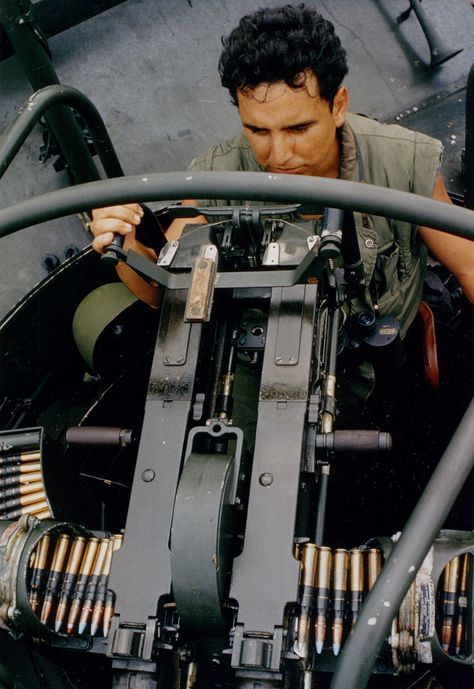 A PBR crewman mans the forward twin .50-caliber machine gun mount. 14 April 1966. Brown Water Navy, Patrol Boat, Vietnam History, North Vietnam, South Vietnam, Naval History, U S Navy, River Boat, United States Navy