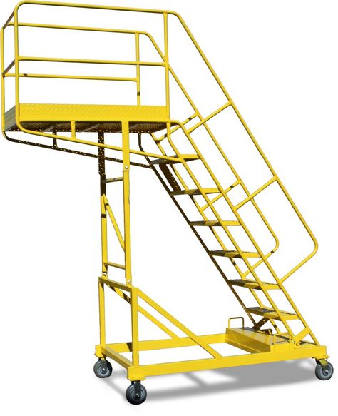 The counterweighted design allows workers to gain safe access without resting against their projects. Stairs With Platform, Rolling Scaffold, Rolling Ladder, Metal Doors Design, Building Stairs, Steel Stairs, Metal Projects, Scaffolding, Metal Door