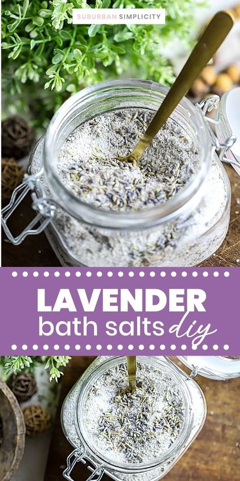 Lavender Epsom Salt Bath Diy, Lavender Bath Salts Recipe, Lavender Diy Ideas, Bath Scrubs Diy Recipes, Home Made Bath Salts, Diy Bath Salts Recipe, Epsom Salt Bath Recipe, Scrub Business, Diy Bath Salts