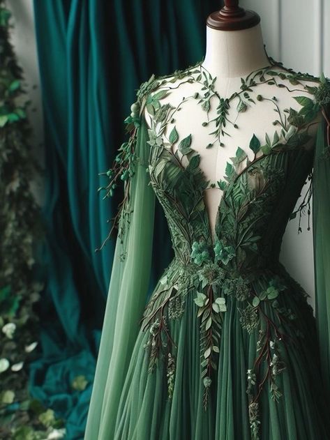 Acotar Dress, Green Dress Aesthetic, Forest Dress, Elven Dress, Green Wedding Dresses, Fantasy Dresses, Fantasy Gowns, Dress Aesthetic, Fairytale Dress