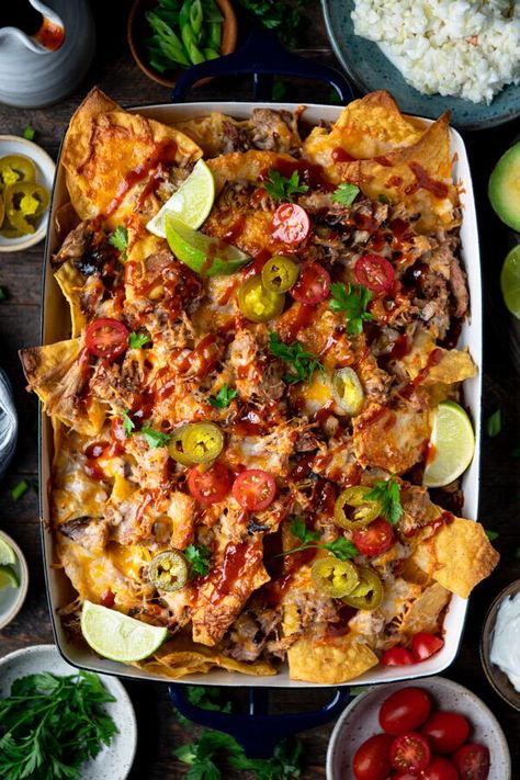 Pulled Pork Nachos Recipe, Pork Nachos Recipe, Toppings Bar, Pulled Pork Nachos, Pork Shoulder Recipes, Homemade Nachos, Pork Nachos, Pulled Pork Leftovers, The Seasoned Mom