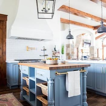 Blue Kitchen Cabinets with Pink Rug - Transitional - Kitchen - Benjamin Moore Courtland Blue Top Cabinets, Rustic Farmhouse Kitchen Cabinets, Blue Kitchen Island, White Farmhouse Sink, Kitchen Goals, Rustic Kitchen Cabinets, Farmhouse Kitchen Cabinets, Pretty Kitchen, Rustic Kitchen Design