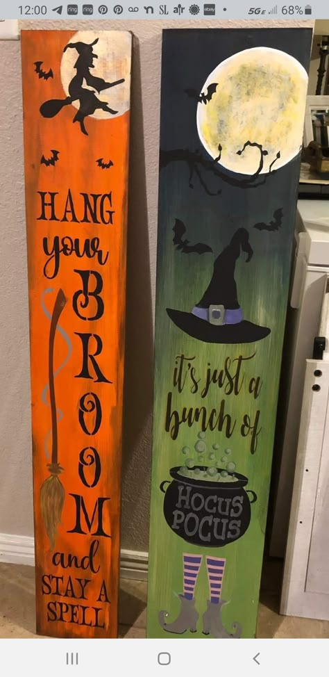 Halloween Painted Signs On Wood, Diy Halloween Decorations Wood Pallet, Porch Halloween Signs, Front Porch Signs Wooden Diy Halloween, Fall Yard Signs Diy, Halloween Wood Porch Signs, Halloween Painted Boards, Halloween Wood Planks, Halloween Porch Boards Signs