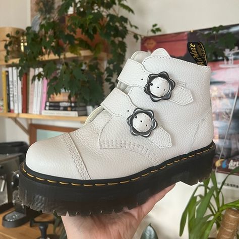 Dr. Martens Devon Flower Buckle Leather Platform Boot - White Milled Nappa Dr Martens White Boots Outfit, Dr Martens Devon, Platform Docs, White Boots Outfit, Jadon Boots, Dr Martens White, Flower Boots, Flower Cut Out, White Boots