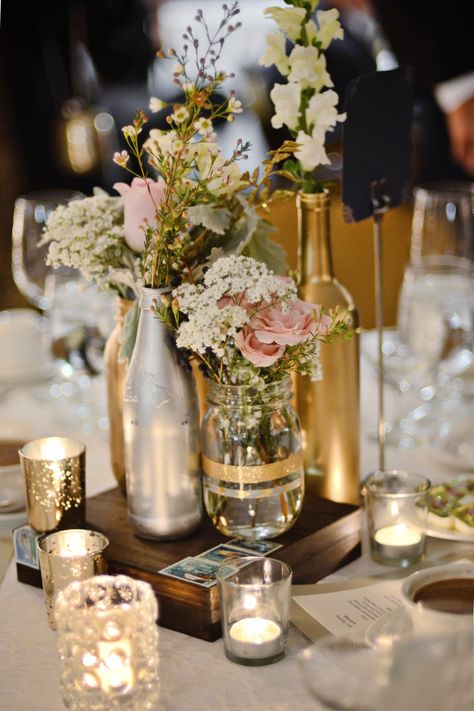 Tim and Sheena Vintage aviation inspired wedding // Navy, gold, silver, metallics with a touch of blush //Photo Cred: Ginger Robinson  #wallflowerinspiration #floraldesigns #vinatge #flowers #love #blush #gardenroses #aviation #military Wedding Centerpieces Mason Jars, Rustic Wedding Decorations, Gold Wedding Colors, Boda Diy, Bottle Centerpieces, Centerpieces Diy, Mason Jar Wedding, 50th Wedding Anniversary, Diy Centerpieces