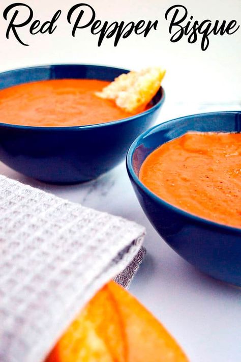 Roasted Red Pepper Bisque, Red Pepper Bisque, Red Pepper Soup Recipe, Vegan Stew Recipes, Pepper Soup Recipe, Bisque Soup Recipes, Spicy Vegan Recipes, Spicy Vegetarian Recipes, Bisque Soup