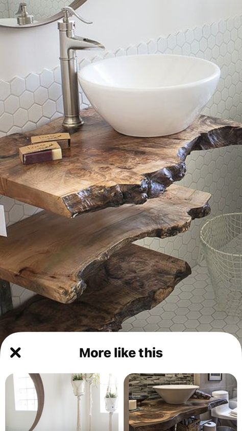 Wash Stand Sink, Live Edge Vanity, Log Cabin Bathroom, Rustic Bathroom Shower, Unit Bathroom, Small Bathroom Decor Ideas, Countertop Shelf, Bathroom Vanity Unit, Wooden Vanity