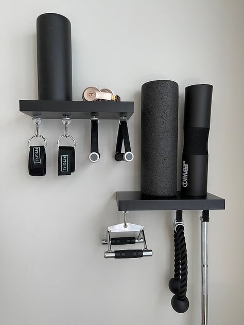 Elegant Tonal Floating Accessory Shelf with the following features: - 4 mounting fittings for accessories (can customize upon request) - Dimensions 15.7 x 7.9 x 1.5 - Supports 22 pounds of weight (with all mounting fasteners) - Includes mounting hardware - Comes in 3 colors: Modern Gray Wood, Gym Corner, Gym Organizer, Dream Home Gym, Small Home Gym, Workout Room Home, Mini Gym, Gym Setup, Diy Home Gym, Basement Gym