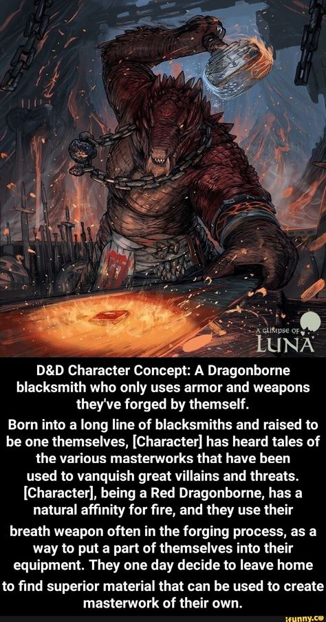 Dnd Character Prompts, Game Hooks Dnd, Character Ideas Dnd, Dnd Story Hooks, D&d Npc Ideas, Dnd Villain Ideas, Dnd Ideas Characters, Dragonborn Blacksmith, Red Dragonborn Dnd