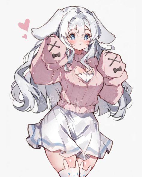 Poses Anime, Hybrid Art, Bunny Drawing, Pink Pin, Bunny Art, Anime Cat, Girls Characters, Cute Anime Pics, White Hair