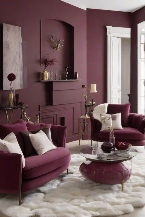 Bordeaux wall paint, white rug, living room decor, living room design, interior wall paint, home decor ideas, room color schemes Maroon Wall Paint, Bordeaux Living Room, Living Room Wall Color Ideas Indian, Aubergine Living Room, Burgundy Living Room Decor, Maroon Walls, Burgundy Sofas, Goth House, Burgundy Living Room