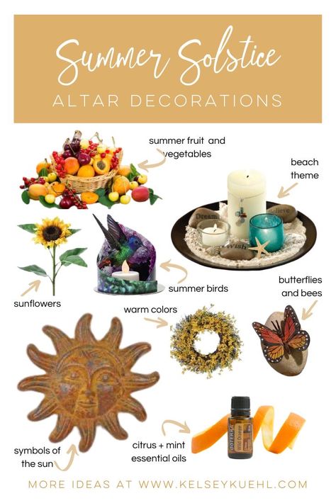 Summer Altar Ideas, Summer Solstice Symbols, Summer Solstice Altar Ideas, Litha Altar Summer Solstice, Litha Altar Ideas, Summer Solstice Altar, Summer Solstice Decorations, Sun Altar, Pagan Summer Solstice