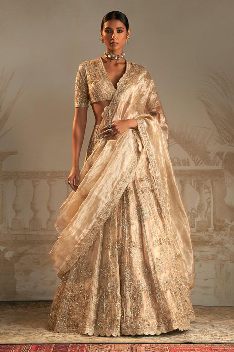 Shop for these amazing collections of Gold Blouse Net Embellished Floral Plunge V Neck Swarn Bridal Lehenga Set For Women by Ridhi Mehra online at Aza Fashions. Luxury Traditional Blouse With Chikankari Embroidery, Luxury Gold Embroidered Sets For Ceremony, Luxury Bollywood Silk Embroidered Fabric, Tissue Lehenga, Ridhi Mehra, Lehenga Pattern, Half Saree Lehenga, Indian Outfits Lehenga, Embroidered Lehenga