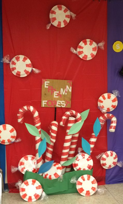 Candy cane forest Candy Cane Forest, Christmas Hallway, Door Decorations Classroom Christmas, Christmas Candy Cane Decorations, Christmas Classroom Door, Candy Cane Decorations, Candy Poster, School Door Decorations, Candy Land Christmas Door