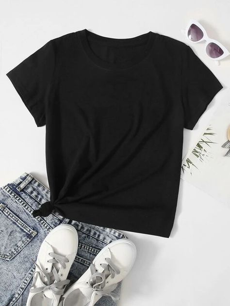 Solid Round Neck Tee | SHEIN USA Mock Up T Shirt, Clothing Mockup, Latest T Shirt, Round Neck Tees, Shirt Mockup, Tshirts Online, White T, Black Fabric, Printed Shorts