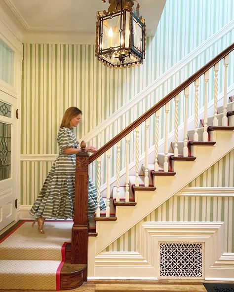 Stairwell Wall, Wallpaper Stairs, Foyer Staircase, Painted Staircases, Jenny Brown, Upholstered Walls, Entry Stairs, Hallway Inspiration, Staircase Wall