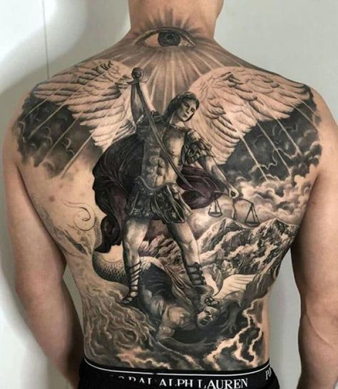 80 Powerful Angel Michael Tattoo Designs with Meaning | Art and Design Saint Michael Angel, Angel Back Tattoo, Archangel Michael Tattoo, St Michael Tattoo, Saint Tattoo, Tattoo Espalda, Michael Tattoo, Backpiece Tattoo, Archangel Tattoo