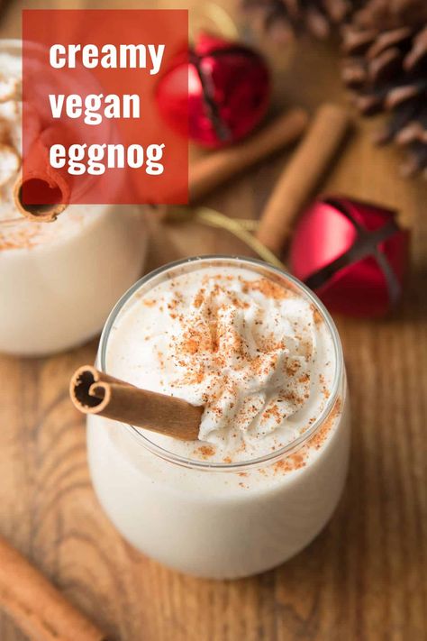 Rich, creamy, and it's totally egg-free and non-dairy! This luscious vegan eggnog is super easy to whip-up and the perfect drink for holiday gatherings! Alcohol Free Eggnog Recipe, Vegan Eggnog Recipe, Dairy Free Egg Nog, Eggnog Drinks, Vegan Eggnog, Dairy Free Treats, Vegan Whipped Cream, Vegan Drinks, Eggnog Recipe