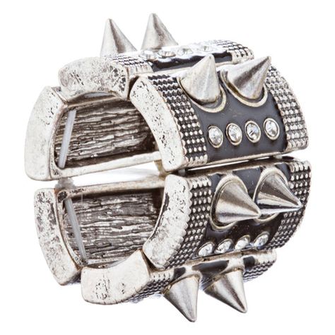 Amplify your fashion style with this chic spiked stretch ring. Ring is stretchable to fit most finger sizes. Color: Silver, Black Material: Crystal Rhinestones, Metal Casting, Rhodium Plated Dimensions (Size): Approx. 3.25" L x 0.75" W (Stretchable Band) Style: Spike, Fashion, Stretchable Ring Lead Compliant Bow Jeans, Winter Sunglasses, Spike Ring, Cool Glasses, Stretch Ring, Red Fits, Dope Jewelry, Funky Jewelry, Fashion Ring