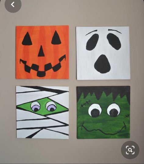 Easy Halloween Canvas Painting Ideas For Kids, Pumpkin Canvas Painting Kids, Halloween Easy Canvas Painting Ideas, Halloween Paint Party Canvas, Frankenstein Canvas Painting, Halloween Crafts On Canvas, Painting Halloween Crafts, Halloween Craft Painting, Halloween Art On Canvas