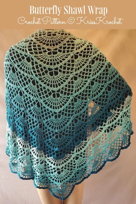 Butterfly Shawl Crochet Patterns - DIY Magazine Butterfly Shawl, Crochet Shawl Patterns, Crochet Triangle Shawl Pattern, Crochet Wraps, Crochet Shawl Free, Crochet Lace Shawl, Crochet Shawl Pattern Free, Shawl Crochet, Crochet Triangle