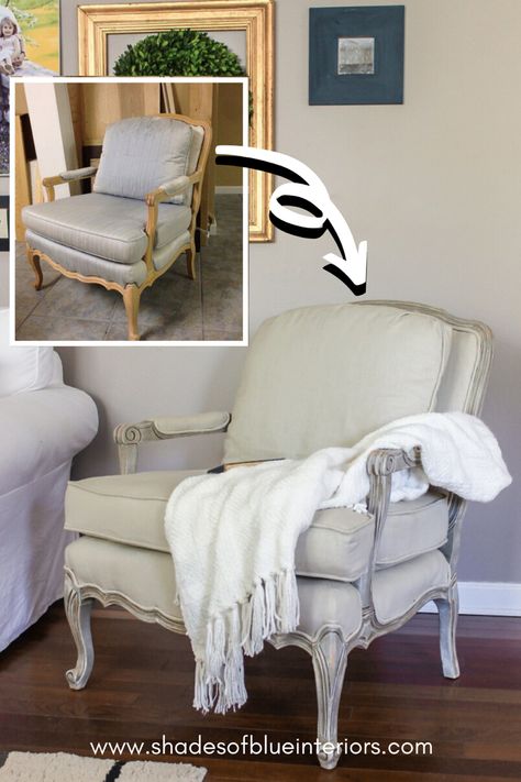 How I made over a dated french bergere armchair by painting the frame a layered technique and reupholstering the fabric to get a more modern look. #diy #furnituremakeover French Country Chairs Upholstery, French Sofa Reupholstered, Reupholster Louis Chair, Bergere Chair Makeover, Upholstered Chairs Fabric French Linen, Bergere Chair Modern, Reupholstering Chairs, Bergere Chair With Ottoman, French Bergere Chairs Upholstery