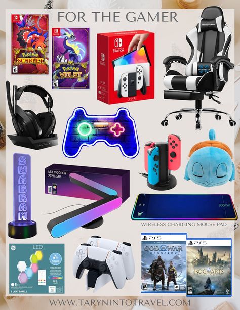 www.tarynintotravel.com | Gift Guide for the Gamer | Gamer Gifts | Pokemon Gifts | Gifts for the Playstation | Game Room Gifts | Gamer Gift Ideas | For Him | Nintendo Switch Games Gaming Boyfriend Gifts, Gamer Basket Ideas, Gamer Bf Gifts, Gamer Boyfriend Gift Ideas, Playstation Game Room, Gifts For Video Game Lovers, Gaming Gifts For Boyfriend, Gamer Gift Basket, Gamer Essentials