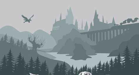 Wall Painting Harry Potter, Hogwarts Wall Painting, Hogwarts Wall Mural Diy, Hogwarts Landscape, Harry Potter Silhouette Art, Hogwarts Mural, Harry Potter Wall Painting, Harry Potter Wall Mural, Harry Potter Mural