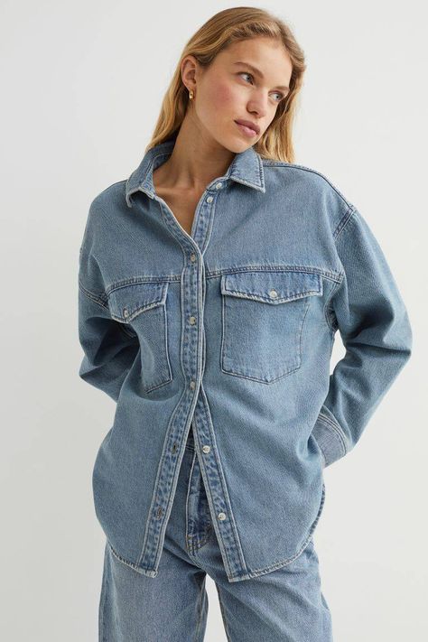 Light Denim Shirt, Denim Shirt Outfit, Slim Leg Pants, Pant Shirt, Light Denim, Seasonal Fashion, Who What Wear, Denim Blue, Fashion Company