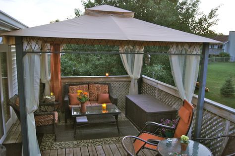 possible solution to our upstairs balcony/porch... use the screen tent to shield from the rain/mist Gazebo On Balcony, Balcony Gazebo Ideas, Deck Tent Ideas, Gazebo Tent Ideas Backyard, Screen Gazebo On Deck, Small Patio Gazebo Ideas, Balcony Tent Ideas, Small Gazebo Decorating Ideas, Upstairs Deck Ideas