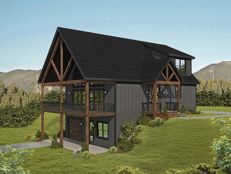 Plan 81718 | Order Code: GOEXP | FamilyHomePlans.com | 800-482-0464 Hillside Cottage Plans, Hillside Cabin Plans, River Cabin Plans, Lakehouse Plans Walkout Basement, Country Lake House Decor, Chalet Home Plans, 3 Bedroom Lake House Plans, 3 Story Cabin, 5 Bedroom Cabin Floor Plans