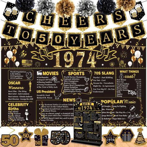 PRICES MAY VARY. 50th Birthday Decorations Kit: 1 Back in 1974 Banner Backdrop,1 Back in 1974 Poster Anniversary Card,1 cheers to 50 years banner, 7pcs Hanging Swirl, 6pcs 10 inch paper pom poms. 50th theme birthday party decoration set,enough to meet your different decorating needs, easily create a strong birthday atmosphere for your home. Larger 50th Birthday Banner: A large Black Gold sign back in 1974 happy birthday in 72.5 x 43.3 inches, the eye-catching 50th birthday backdrop is made of po Cheers To 90 Years, 90th Birthday Banner, Back In 1974, Poster Anniversary, Cheers To 50 Years, 50th Birthday Banner, 90th Birthday Decorations, Elegant Banners, Birthday Decorations For Men